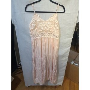 Pink Lace Trim Tiered Maxi Dress Spaghetti Straps Boho Festival Beach Sunset